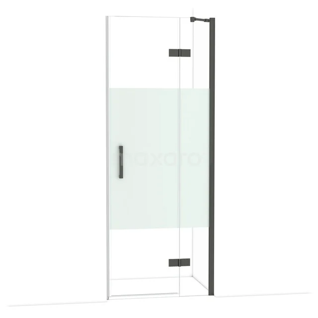 Glasene Duschtür mit mattweißem Paneel, schwarzem Rahmen und Scharnieren, modernes Design für ein stilvolles Badezimmer.