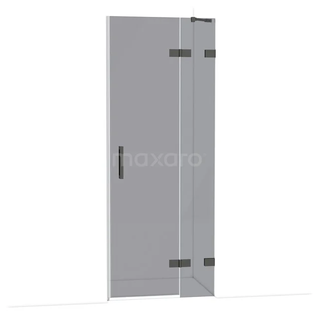 Glazen douchedeur met mat zwart profiel, scharnieren en handgreep, serie Modern Line, ideaal voor een strakke badkamerstijl.