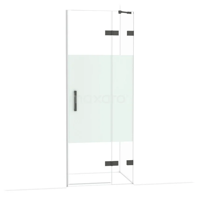 Duschtür mit Klarglas und mattem Streifen, schwarzem Metallhaltegriff, Eckdesign; ideal für modernen Badezimmerstil.