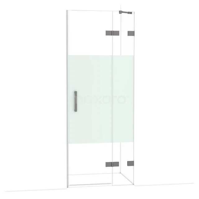 Diamond Shower door | 80 cm Black metal Clear with matt strip Pivot door DDB22351223ZM Glazen douchedeur met mat witte strip, zilverkleurige scharnieren en handgreep, perfect voor een moderne badkamerstijl.