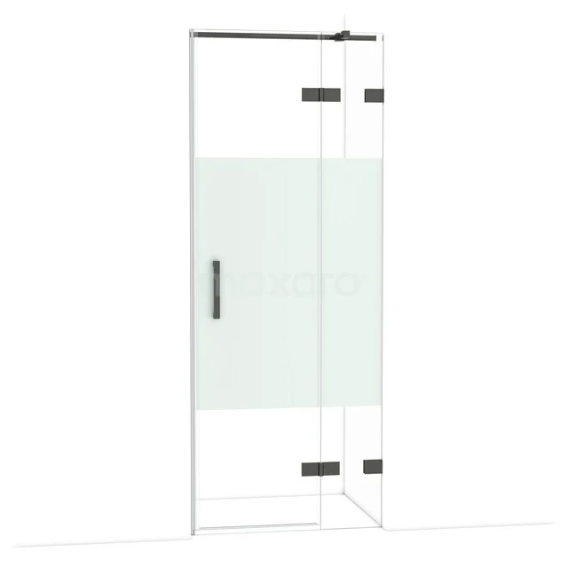 Diamond Shower door | 80 cm Black chrome Clear with matt strip Pivot door DDB22351323BC Glazen douchedeur met mat wit paneel, zwarte handgreep en scharnieren, modern design voor een stijlvolle badkamer.