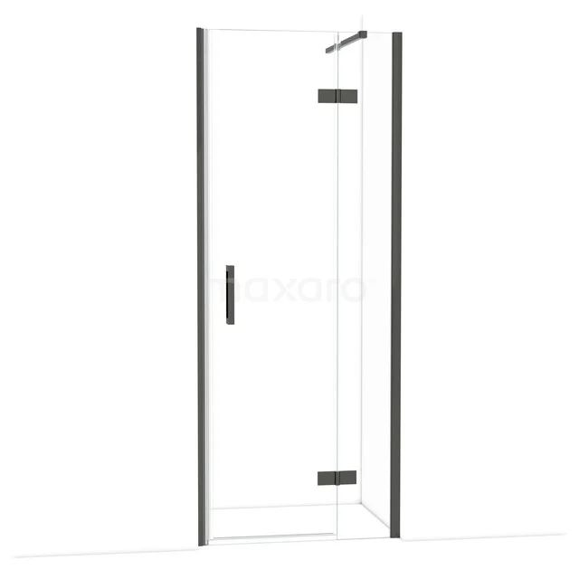 Douchedeur zwart aluminium frame, helder glas, draaideurdesign, strak en modern voor een stijlvolle badkamer.