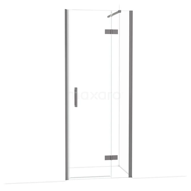 Glazen douchedeur met hoekdesign, roestvrijstalen scharnieren en minimalistische handgreep, ideaal voor moderne badkamers.