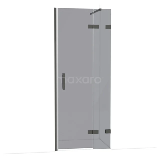 Duschtür mit Klarglas, schwarzen Metallscharnieren und elegantem Haltegriff, ideal für einen modernen Badezimmerstil.