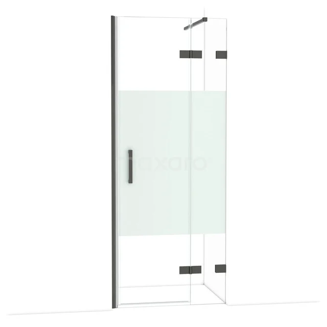 Eckdusche mit Klarglas, Matt Schwarz Details und Drehtür. Modernes Design, ideal für ein stilvolles Badezimmerupgrade.