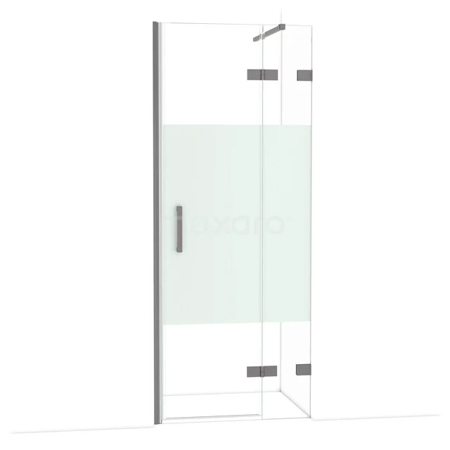 Glazen douchedeur met matglas-accent uit moderne serie, RVS scharnieren en handgreep, perfect voor stijlvolle badkamers.