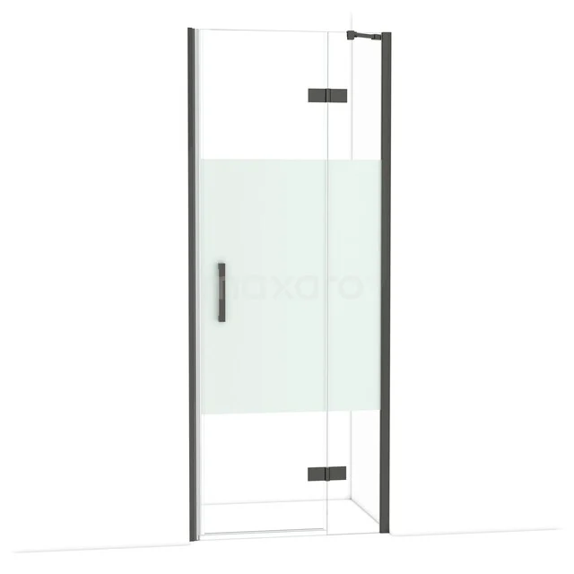 Diamond Shower door | 80 cm Black chrome Clear with matt strip Pivot door DDB22352213BC Douchedeur met draaifunctie, mat zwart frame, deels mat glas, minimalistisch design voor een moderne badkamer.
