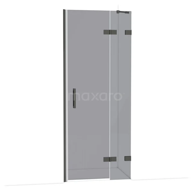 Glazen douchedeur met mat zwarte scharnieren, rechte handgreep en strak ontwerp, ideaal voor een moderne badkamer.