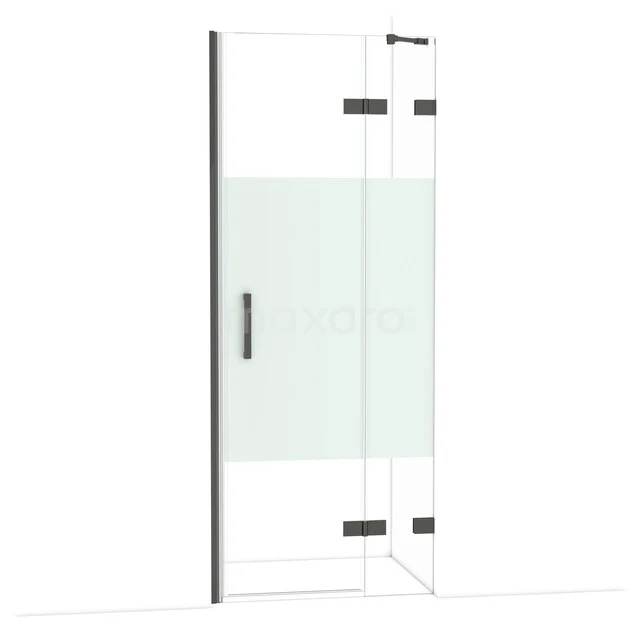 Glas Duschtür mit matt weißem Streifen, schwarzen Metall-Scharnieren und Haltegriff, perfekte Ergänzung für moderne Bäder.