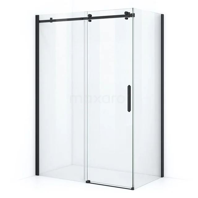 Shower enclosure with black metal accents, sliding door and clear glass, ideal for a modern bathroom.