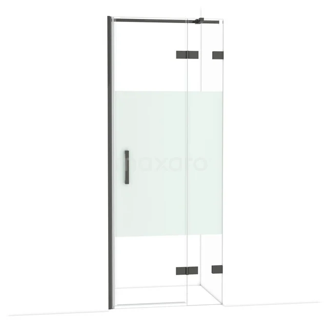 Helder glazen douchedeur met mat design en zwarte accenten, ideaal als moderne badkameroplossing.