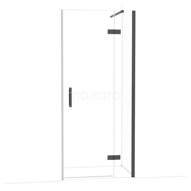 Diamond Shower door | 90 cm Black chrome Clear glass Pivot door DDB22361110BCN Glazen douchedeur met zwart metalen accenten, minimalistisch design, ideaal voor een moderne badkamer.
