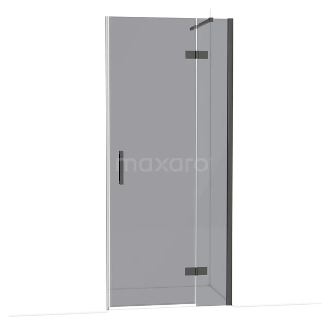 Glass shower door, clear glass, hinged design with black handle, perfect for a modern bathroom.