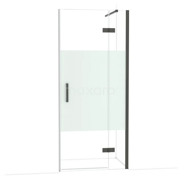 Black walk-in shower with clear glass and matte white panel, modern design, perfect for a stylish bathroom decor.