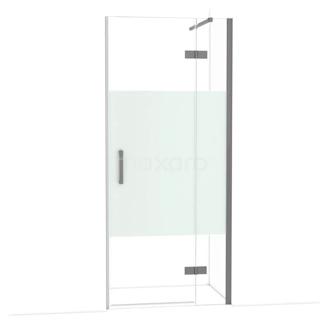 Douchedeur met helder glas, mat wit designpaneel en metalen handgreep. Ideaal voor een strakke, moderne badkamer.
