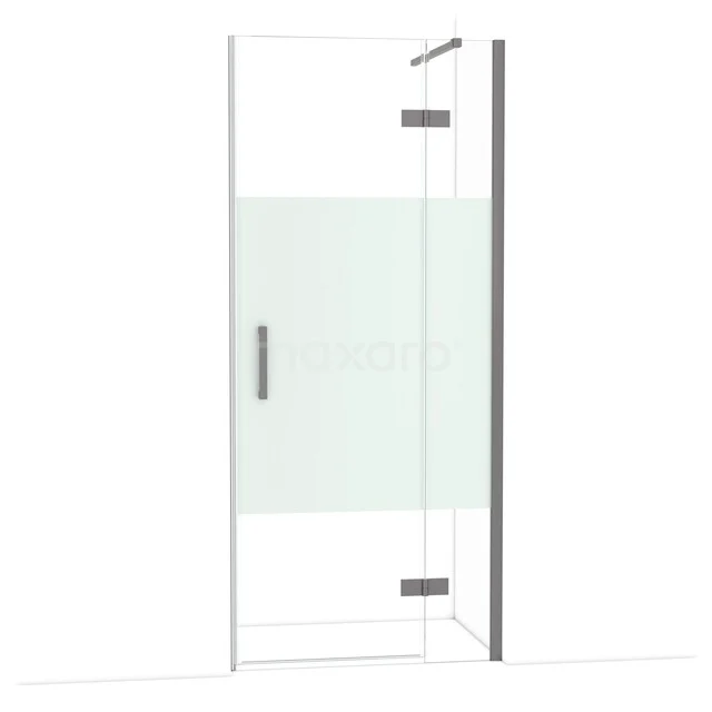 Douchedeur met helder glas, mat wit designpaneel en metalen handgreep. Ideaal voor een strakke, moderne badkamer.