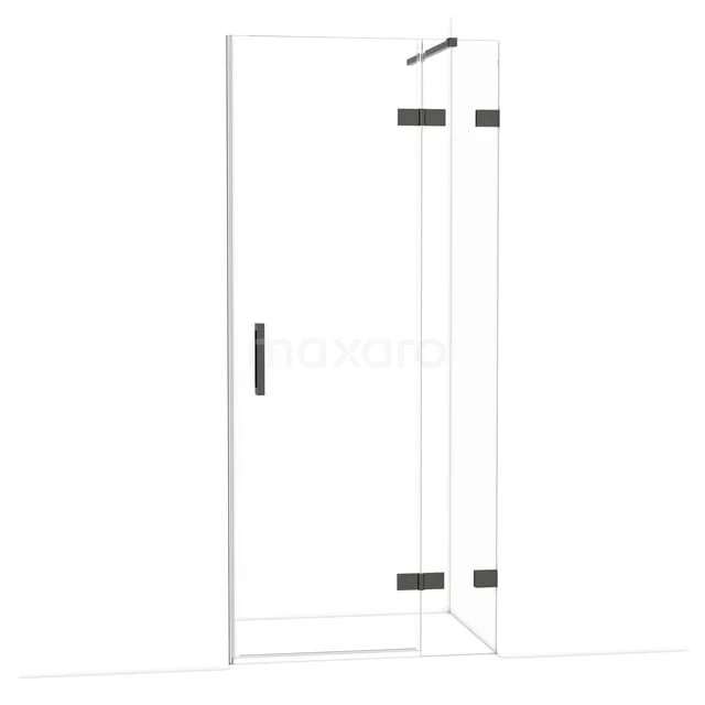 Rechte douchedeur van helder glas met zwarte scharnieren en handgreep, perfect voor een moderne badkamerstijl.