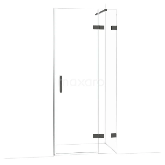 Rechte douchedeur van helder glas met zwarte scharnieren en handgreep, perfect voor een moderne badkamerstijl.