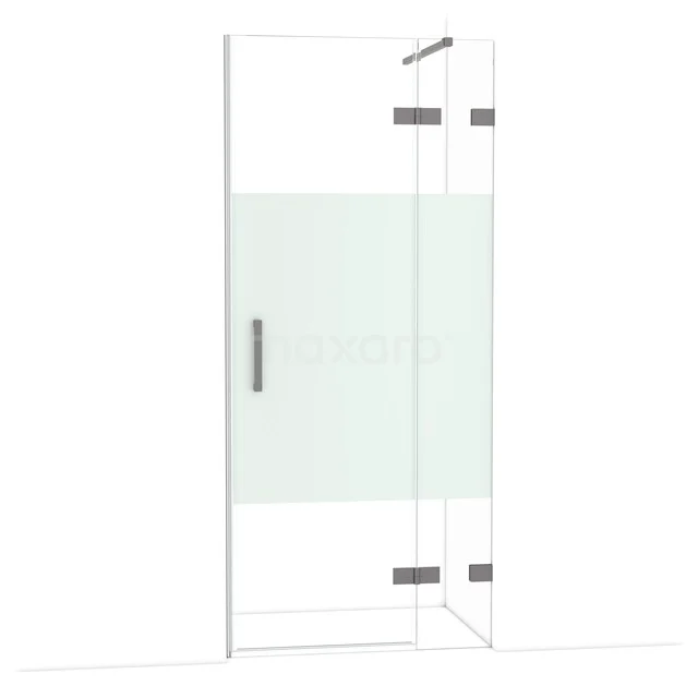 Diamond Shower door | 90 cm Black metal Clear with matt strip Pivot door DDB22361123ZM Glazen douchedeur met aluminium scharnieren en mat gedeelte, ideaal voor een moderne badkamerinrichting.