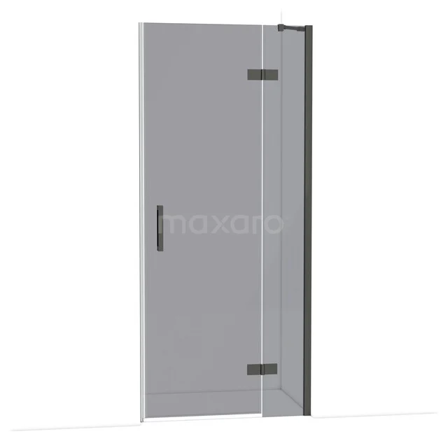 Glazen douchedeur met scharnieren, helder glas en zwarte handgreep, ideaal voor een moderne badkamer.