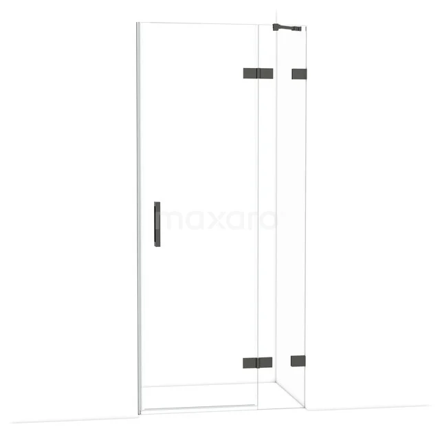 Glazen douchedeur met zwart metalen scharnieren en handgreep, minimalistisch design, ideaal voor een moderne badkamer.