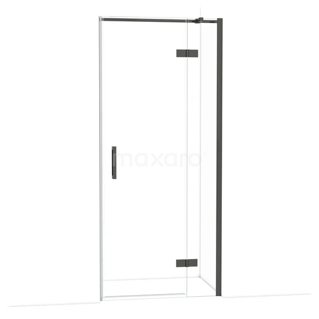 Diamond Shower door | 90 cm Black chrome Clear glass Pivot door DDB22361310BCN Glazen douchedeur met zwart frame, scharnieren en handvat, ideaal voor een moderne badkamerinrichting.