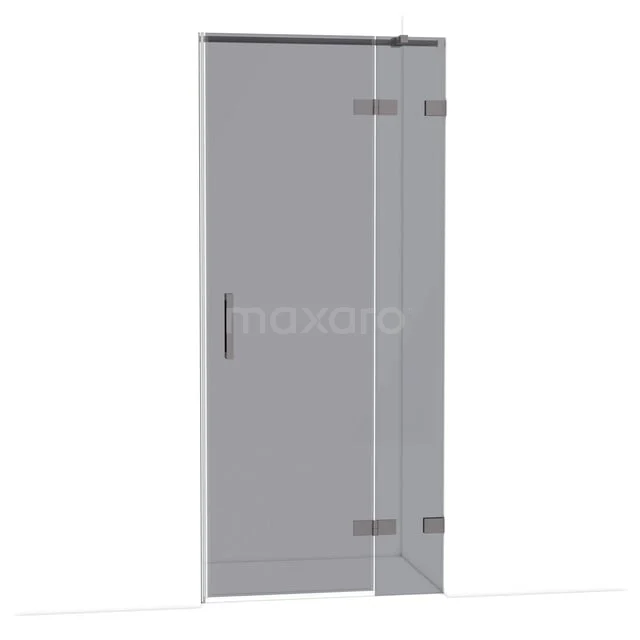 Glazen douchedeur met scharnieren, helder glas en grijze rand, geschikt voor moderne badkamers, onderdeel van premium serie.