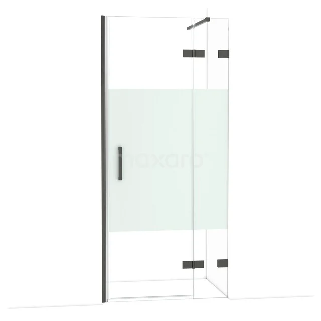 Duschtür mit mattgläsernem Paneel, schwarzem Rahmen und Türknopf, modernes Design für ein stilvolles Badezimmer.