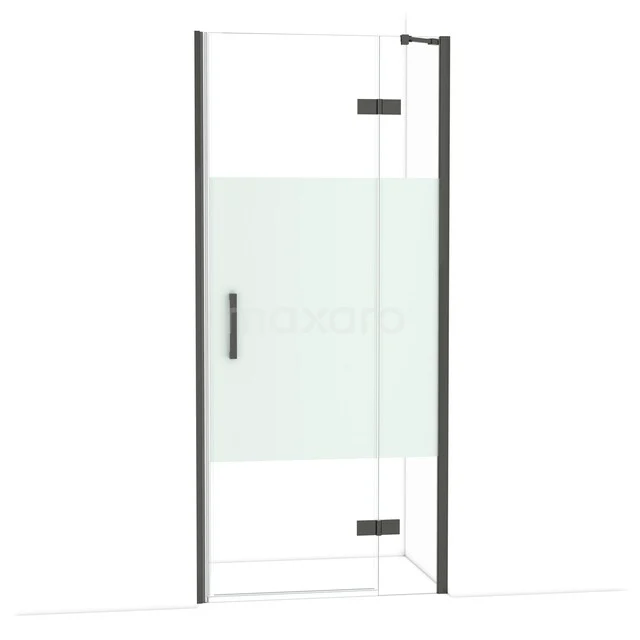 Diamond Shower door | 90 cm Black chrome Clear with matt strip Pivot door DDB22362213BC Glazen douchedeur met mat zwarte omlijsting, modern design en matglas element, ideaal voor stijlvolle badkamerinrichting.