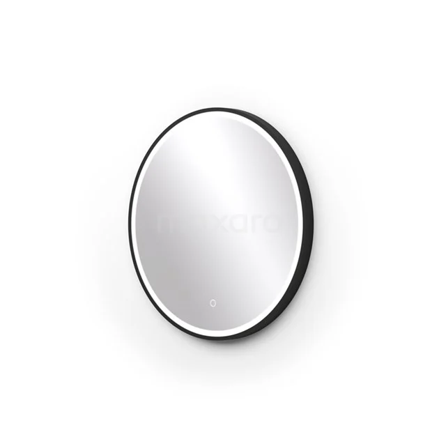 Ronde badkamer spiegel met zwart metalen rand, modern ontwerp, perfect voor een stijlvolle en minimalistische inrichting.