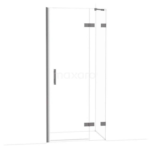 Glazen douchewand met deur, heldere hoekontwerp, roestvrijstalen scharnieren, ideaal voor een moderne badkamer inrichting.