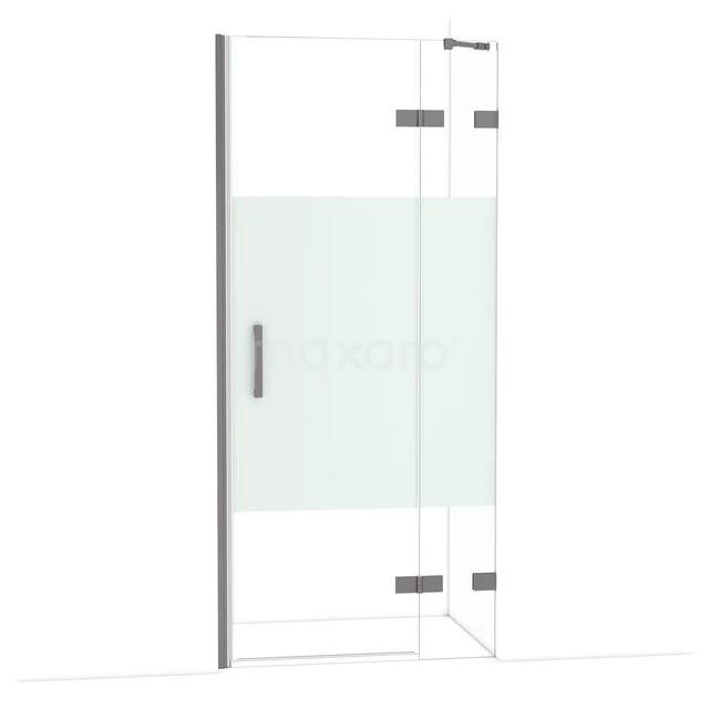 Douchedeur met helder glas en mat wit accent, inclusief chromen scharnieren en handgreep, ideaal voor moderne badkamers.
