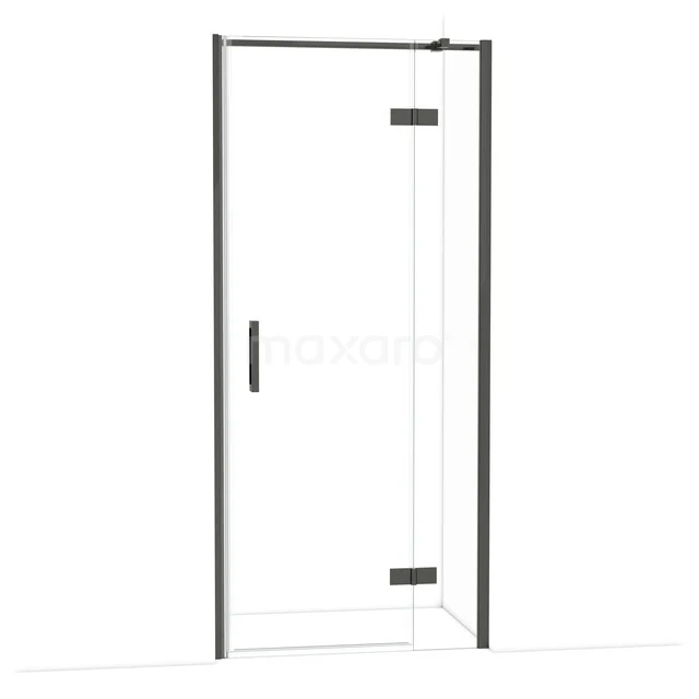 Glasene Duschtür mit schwarzem Rahmen, einfaches Scharnier und schlankem Design, ideal für einen modernen Badezimmerstil.