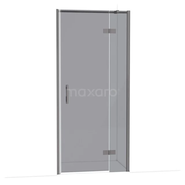 Diamond Shower door | 90 cm Black metal Smoke glass Pivot door DDB22362311ZM Glazen douchedeur met zilverkleurig frame, draaimechanisme en strakke lijnen; modern badkamerdesign.