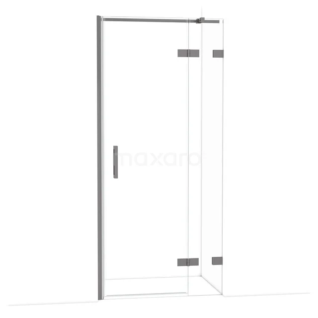 Glas Duschtür mit Chrom Scharnieren, elegantes Design, perfekt für ein modernes Badezimmer.