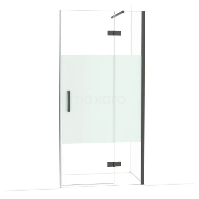 Glasene Duschtür mit matt weißem Streifen, schwarzem Haltegriff und Scharnieren, perfekt für einen modernen Badezimmerstil.