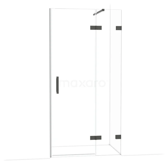 Sleek glass shower door with black frame and handle, ideal for a modern bathroom style.
