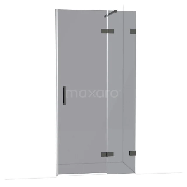 Douchedeur met mat zwarte scharnieren, glazen uitvoering, strak design. Perfect voor een moderne badkamerindeling.