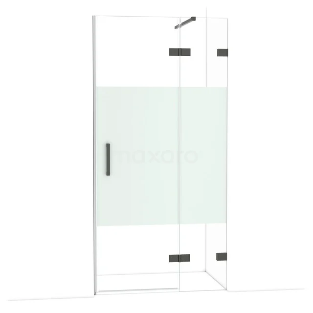 Glazen douchecabine met mat witte strip, zwart metalen scharnieren en handgreep; modern design voor de badkamer.