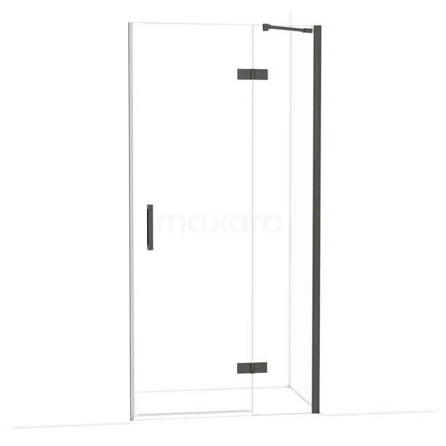 Douchedeur met zwart frame, helder glas en draaideur, ideaal voor een moderne badkamer.