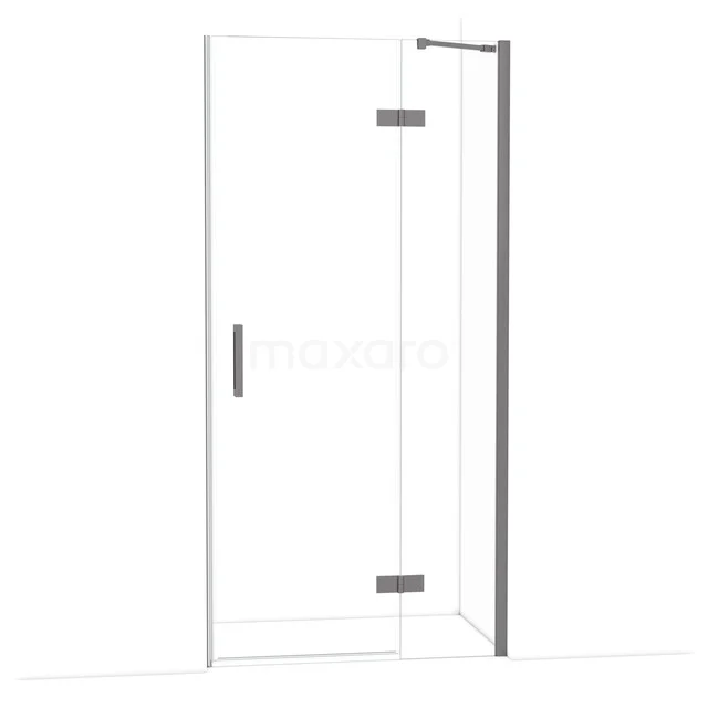 Glazen douchecabine met hoekinstap, helder glas, aluminium profielen en scharnierdeur, ideaal voor een moderne badkamer.