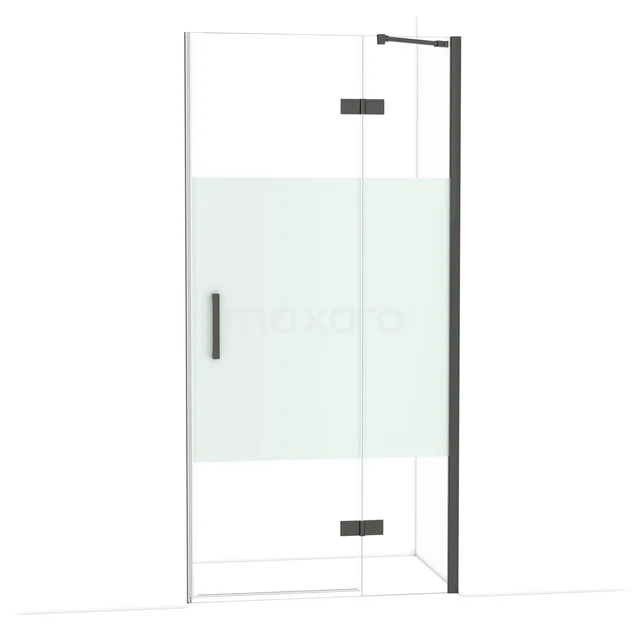 Douchecabine met zwart frame, matglasdetail en draaideur, ideaal voor een moderne badkamer.