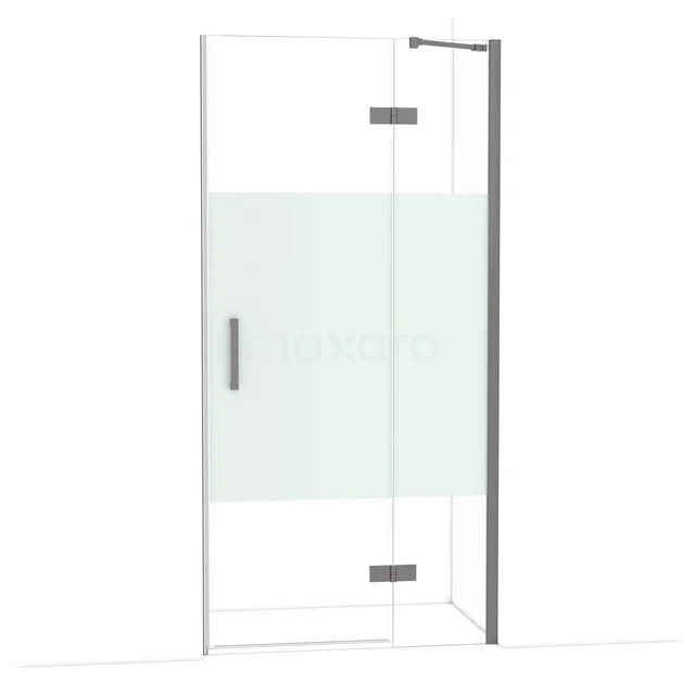 Douchedeur met scharnieren, helder glas met mat wit paneel, aluminium frame, perfect voor een strakke badkamerstijl.