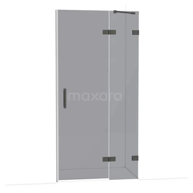 Glass shower door with hinges, matte black handle and a sleek design, perfect for a modern bathroom style.