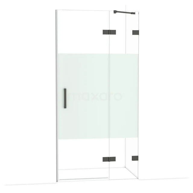 Glazen inloopdouche met mat wit middendeel en zwarte scharnieren, perfect voor een moderne badkamerstijl.