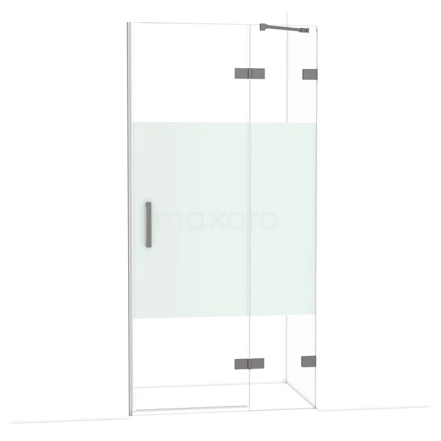 Glazen douchewand met scharnierdeur, mat wit paneel, roestvrijstalen details; strak design voor moderne badkamers.