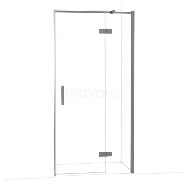 Clear glass shower door with chrome hinges and handle, ideal for a modern bathroom.