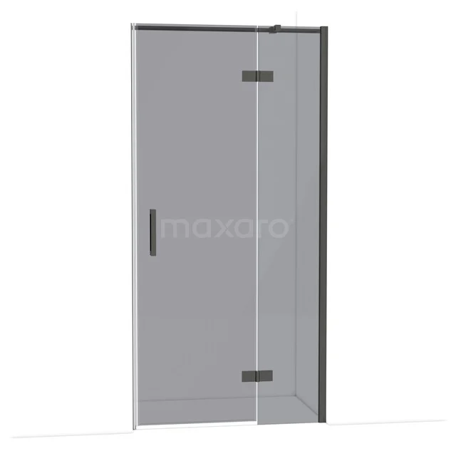 Glazen douchedeur met zwarte scharnieren en handgreep, strak design passend bij moderne badkamers.