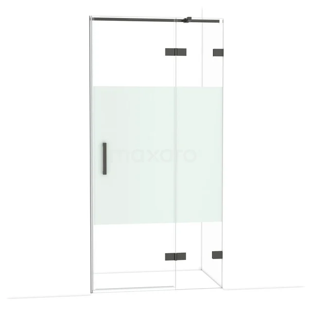 Douchecabine met hoekinstap, helder glas met mat strook, zwarte details, modern design voor stijlvolle badkamers.