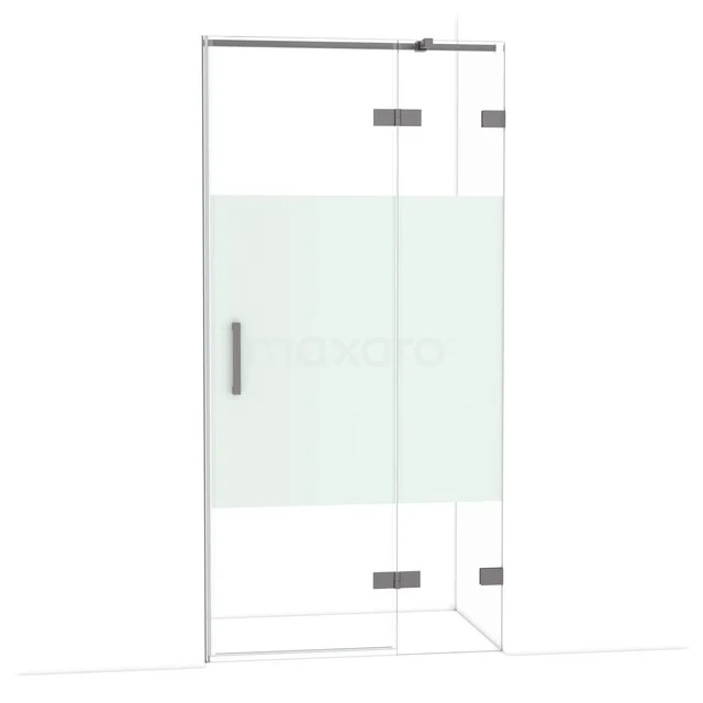 Duschtür aus Klarglas mit matt weißen Streifen, Eckmodell mit rostfreien Scharnieren und schickem Haltegriff.